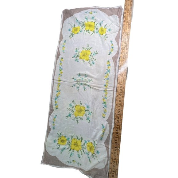 Vintage Floral Rectangle Silk Scarf Light Neck Wrap Oblong White Yellow Taupe - Picture 1 of 4